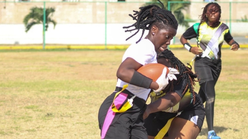 Dana-Jean Patterson (left),  national player Jamaica Women&#039;s team, plays as Wide Receiver and Corner back at the 2022 International Women’s Flag Football Association (IWFFA) tournament in Keywest, Florida. Patterson was awarded &#039;Best Defensive Player&#039; at the prestigious event.