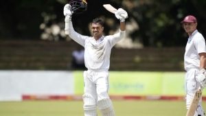 Tagenarine Chanderpaul celebrates after bringing up his double century.