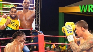 Jamaica&#039;s Kevin &quot;Bus Boy&quot; Hylton (left) in action against American Christopher Rodriquez during the Wray &amp; Nephew Fight Nights stop in Arnett Gardens on Saturday. (Inset) Wray &amp; Nephew&#039;s, Marketing Manager Pavel Smith (left) with boxer Jermaine &quot;Breezy&quot; Richards.