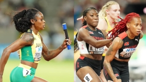 Elaine Thompson-Herah (left) on the second leg for Jamaica at right, Trinidad and Tobago&#039;s Michelle-Lee Ayhe accepts the baton from Akilah Lewis during the women&#039;s 4x100m relays heats in Budapest, Hungary on Friday.