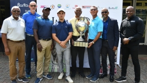 The 55th Jamaica Open was launched on Wednesday at the Constant Spring Golf Club in Kingston.  Sharing in the occasion were (L-R) Tournament Director Teddy Richards, JGA Vice-President Dr. Mark Newnham – Professional golfer Orville Christie, Amateur golfer Justin Burrowes, Gordon Hutchinson, Chairman of the Organizing Committee Peter Chin, Barita representative Dave Dixon and Digicel Communication Executive Elon Parkinson.
