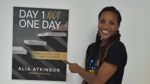 Alia Atkinson at her book launch at Jamaica&#039;s Aquatic Centre in Kingston on Saturday.