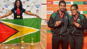 Ashley with the trophies she won at the Caribbean Squash Championships and with her brother at the Commonwealth Games in Birmingham, England. She won her first singles title at the Caribbean Championships.