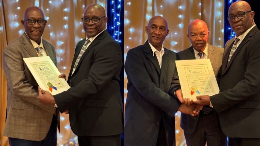 Renowned coach Fitz Coleman, JAAA President Garth Gayle and Dr Warren Blake being presented with awards by Clive Walters, founder of the 2C2W Awards Gala during the event held at Mirelle&#039;s in New York on December 1, 2023.