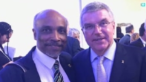 JOA President with IOC President Thomas Bach. Bach arrives in Jamaica for a brief visit on Friday, March 3.