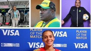 (Top from left) Reggae Girlz manager Crystal Walters and former coaches Andrew Price and Hue Menzies. Below is Reggae Girlz goalkeeper Rebecca Spencer.