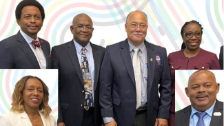 The new CANOC Executive elected on Saturday in Trinidad and Tobago. (l-r) Secretary General Brian Lewis, President Keith Joseph, Carson Banks and Edith Cox. (Inset) Ytannia Wiggins and Alain Soreze.