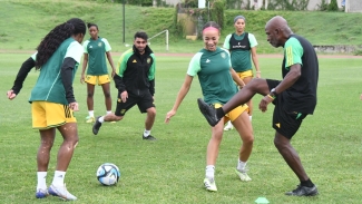 Head coach Lorne Donaldson (right) goes through a tactical drill with his Reggae Girlz during a training session on Thursday.