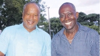 &#039;Den Den&#039; Hutchinson (right) alongside former Clarendon College teammate Lennie &quot;Teacha&#039; Hyde in happier times. Both terrorized defenses in the DaCosta Cup Competition on their way to winning the title in 1977.