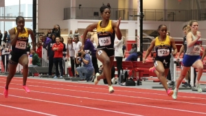 Dominique Clarke winning the 60m dash at the America East Indoor Track and Field Championships on Sunday.
