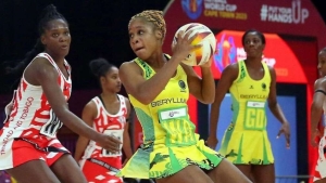 Jamaica&#039;s Sunshine Girls in action against Trinidad and Tobago&#039;s Calypso Girls at the Vitality Netball World Cup in Cape Town, South Africa on Wednesday.