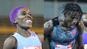 Janieve Russell and Roshawn Clarke at the JAAA/Puma National Senior and Junior Athletics Championships.