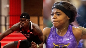 Bahamians Antoine Andrews (left) and Denisha Cartwright (right) won the respective sprint hurdles titles at the Clyde Littlefield Texas Relays on Saturday.