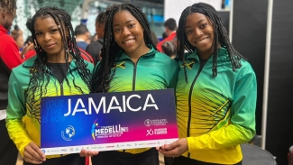 Jamaica&#039;s artistic gymnasts (from left) Tyesha Mattis, Kiara Richmon and Mya Absolam share a photo opportunity during the just-concluded PanAm Championships in Medellin, Colombia.