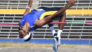 Romaine Beckford clears the bar at 2.23m on his way to victory in the men&#039;s high jump on day two of the JAAA/Puma National Senior Championships at the National Stadium on Friday.