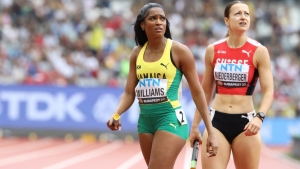 Jamaica&#039;s Stacey-Ann Williams reacts afer anchoring the team to fifth in heat two of the mixed 4x400m relay in Budapest, Hungary on Saturday.