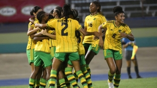 Jamaica&#039;s Reggae Girlz celebrate their goal against Panama at the National Stadium on Wednesday.