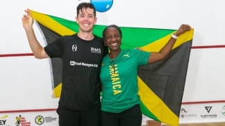 Karen Anderson, president of the Jamaica Squash Association with 10-time Caribbean men&#039;s champion Chris Binnie