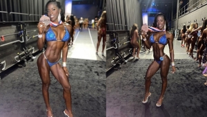 Modest proudly shows off her bronze medal from the Ms Olympia Amateur Bikini Competition in Orlando, Florida.