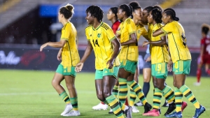 Jamaica&#039;s Reggae Girlz celebrate a goal against Panama.