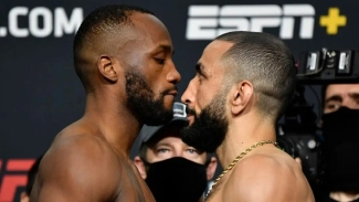 Leon Edwards (left) and Belal Muhammad facing off ahead of their first fight on March 13, 2021.