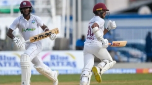 West Indies openers Kraigg Brathwaite and Tagenarine Chanderpaul running between the wickets on day two od the second test against India at Queen&#039;s Park Oval on Friday.