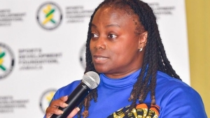 Netball Jamaica President, Tricia Robinson, addressing the crowd at Friday&#039;s campaign launch.