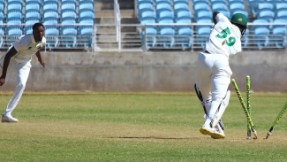 Jamaica Scorpions opener Chadwick Walton getting bowled by Shermon Lewis during the round one 2024 West Indies Championship fixture between the Jamaica Scorpions and Windward Islands Volcanoes at Sabina Park.